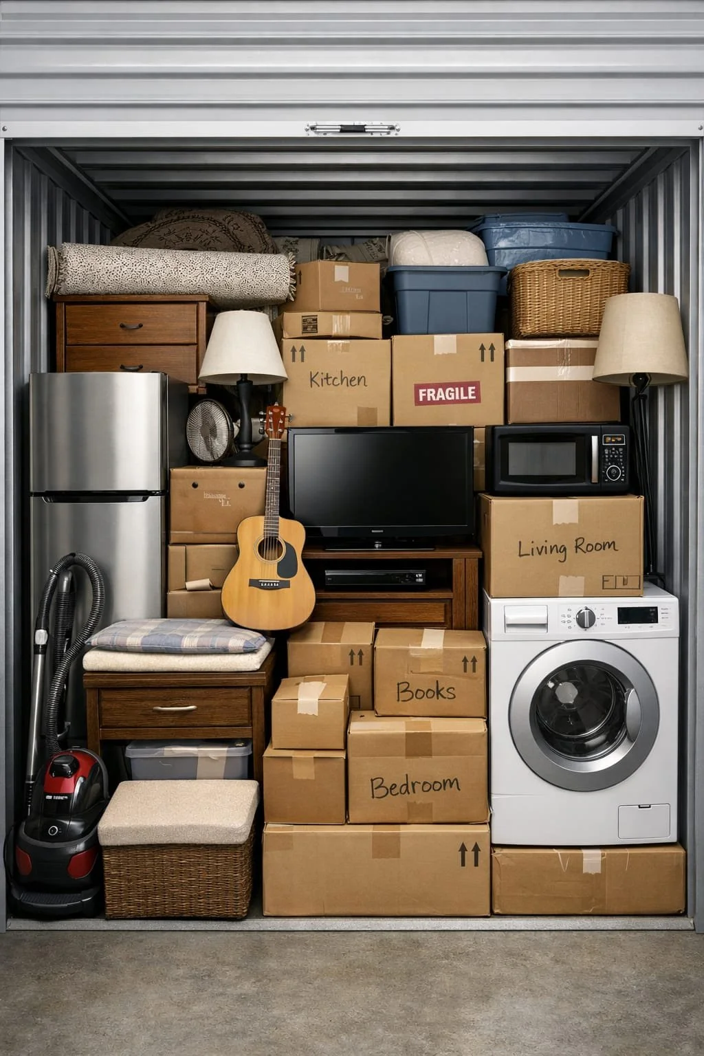 Storage packing guide — kitchen, fragile, living room, books, bedroom